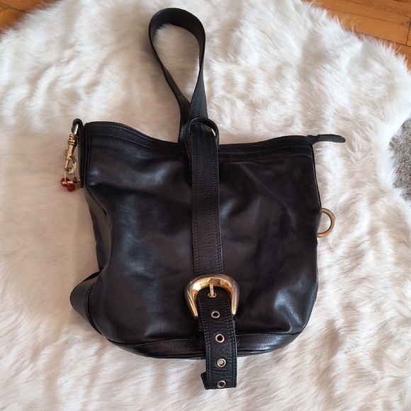 Luigi Sciorio Black Leather Shoulder Bag with Belt And Gold Buckle. Like New - Picture 1 of 8